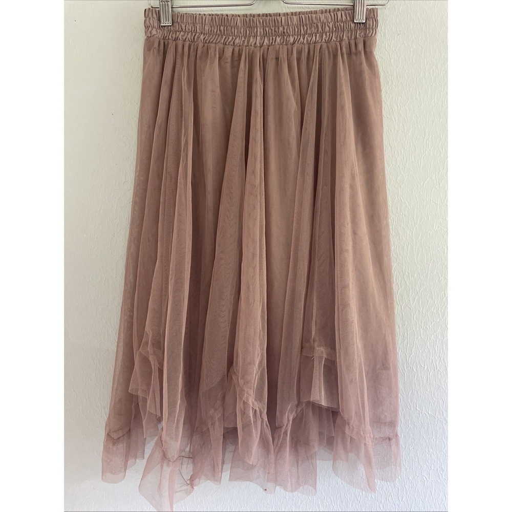 Tulle O2 Midi Skirt Elastic Waist Layered Mesh Layered Ruffle Tan Nude Ballet L